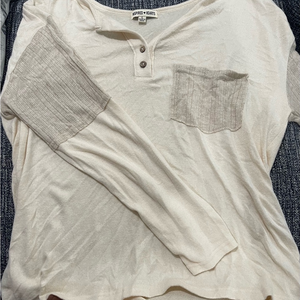 Cream and Tan Long Sleeve Henley Shirt